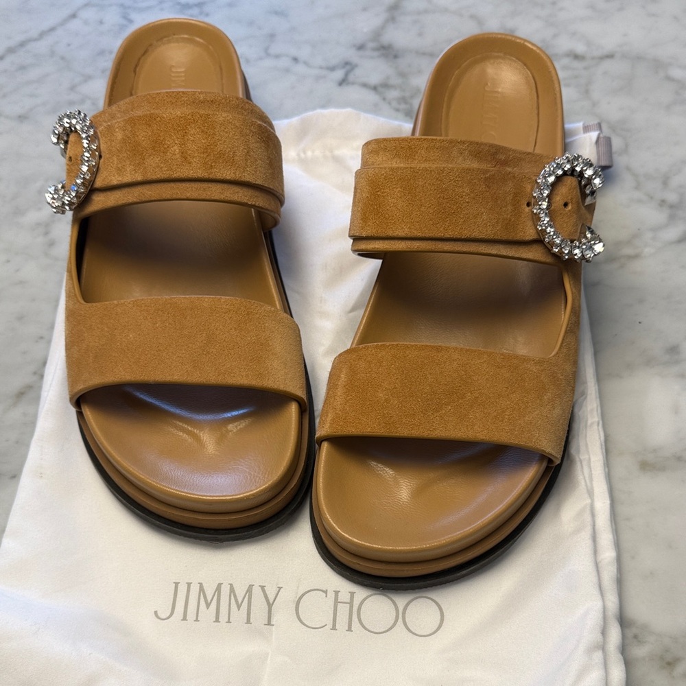 Jimmy Choo Camel Suede Double-Strap Slide Sandals with Crystal Buckles